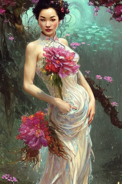 Prompt: portrait of a beautiful woman wearing a cheongsam dress, holding a bouquet of flowing flowers, drenched body, wet dripping hair, emerging from the water, fantasy, regal, fractal crystal, fractal gems, by stanley artgerm lau, greg rutkowski, thomas kindkade, alphonse mucha, loish, norman rockwell