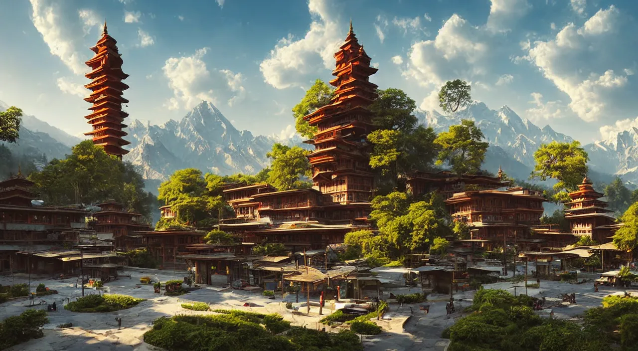 Image similar to retrofutristic city under kashmir mountains, wooden pagodas and mosques, little wood bridge, painting of tower ivy plant in marble late afternoon light, wispy clouds in a blue sky, by frank lloyd wright and greg rutkowski and ruan jia