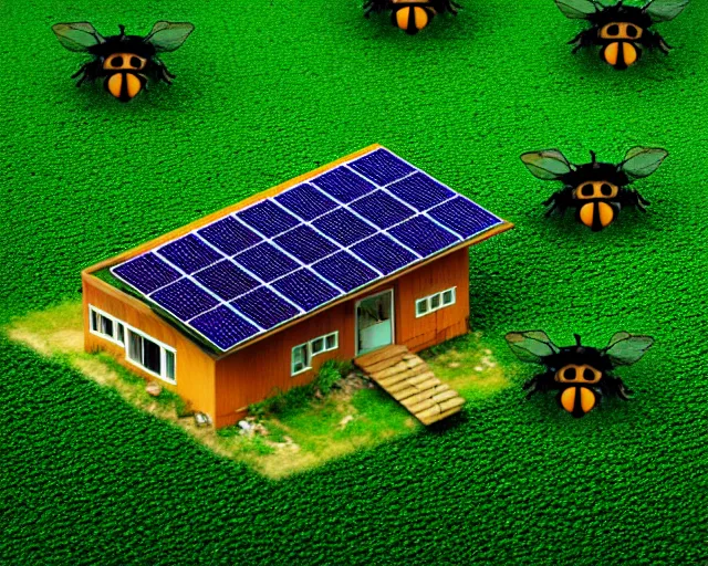 Image similar to connected ecovillage houses with solarpanel, very big bee and a cow is flying around - plant goddess high quality photo, microchip, artificial intelligence, bio - mechanical bio - luminescence, black wired cables, neurons, nerve cells, cinematic, rim light, photo - realistic, elegant, high detail, 8 k, masterpiece, high fashion, in the style of man ray