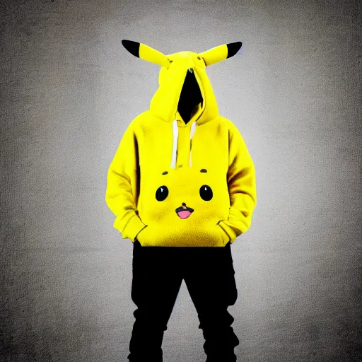 Image similar to Kanye West in a yellow pikachu! hoody, Studio Photograph, portrait C 12.0