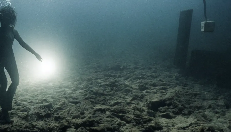 Image similar to Big budget horror movie, outside an undersea science building deep under water