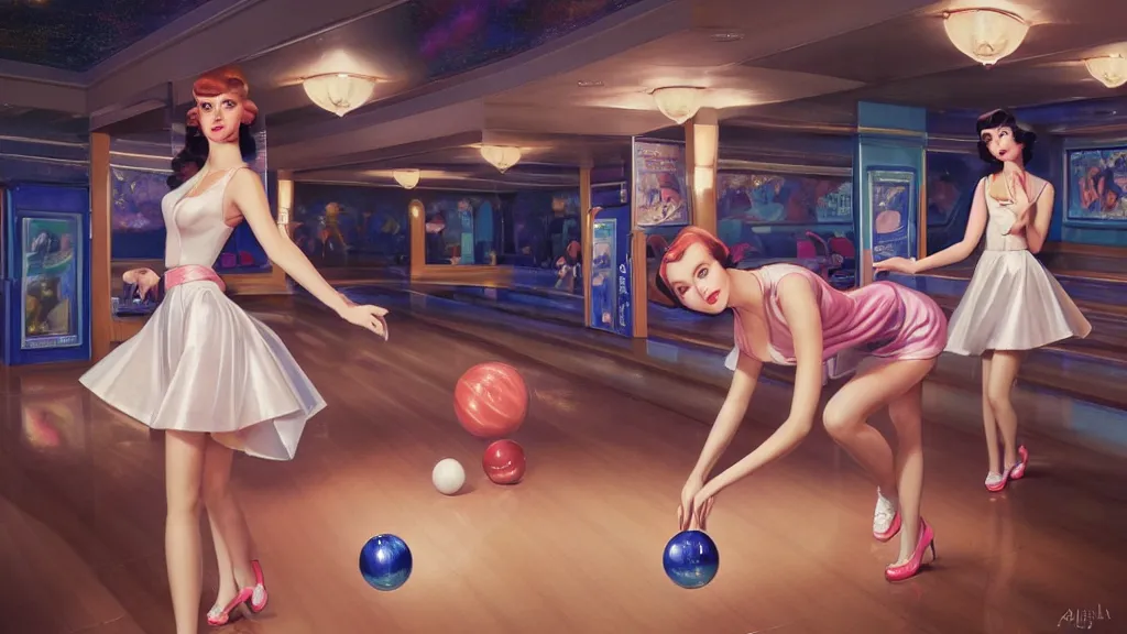 Image similar to photo of cute girls bowling, art deco bowling alley, ultra detail, photoreal, professionally retouched, soft moonlight lighting, shiny plastic miniskirt, realistic, smooth face, goddess, luscious lips, perfect eyes, wide angle, sharp focus on eyes, 8 k high definition, insanely detailed, intricate, elegant, art by artgerm and wlop