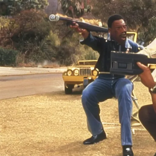 Image similar to a still of the cat shooting a m 6 0 machine gun from the buddy cop movie beverly hills cat 2, with eddie murphy