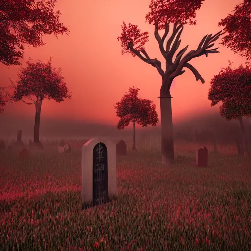 Image similar to red, red sky, depth, creepy, eyes, graveyard, death, dead, red eyes, 8k, hyperrealistic, depth, vray, high resoulution, eathly