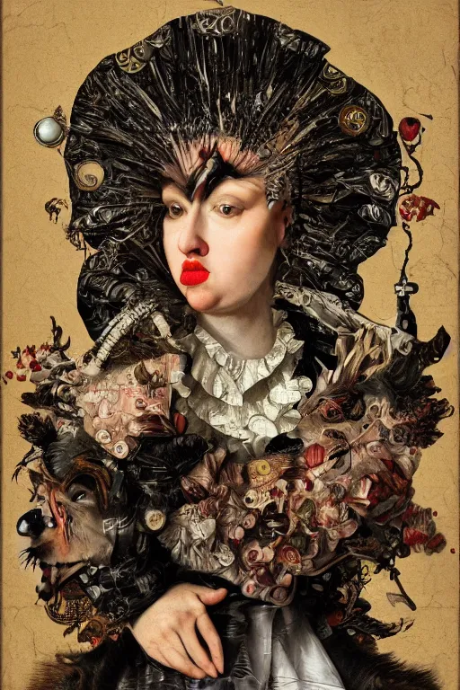 Image similar to Detailed maximalist portrait with large lips and with large eyes, angry, exasperated expression, HD mixed media, 3D collage, highly detailed and intricate illustration in the style of Caravaggio, dark art, baroque