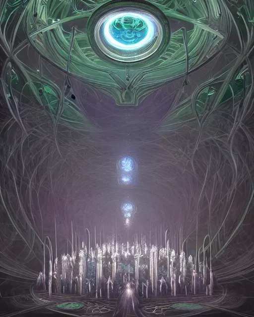 Image similar to a quantum computer, geometric crystal wiring, emerald circuits, highly advanced technology surrounded by a dark cabal of multiple hooded elven mystics in long dark robes gathered in a circular formation, dan seagrave art, michael whelan, artstation, cgsociety