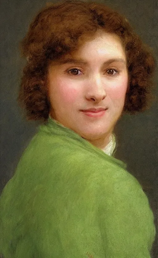 Image similar to portrait, woman!!, by eugen von blaas!! short! brown hair, fuzzy hair!!, smiling, looking at us, symmetrical face, perfect eyes, slight blush!! green plants background!!!