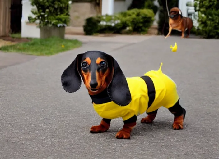 Image similar to Dachshund in a minion costume