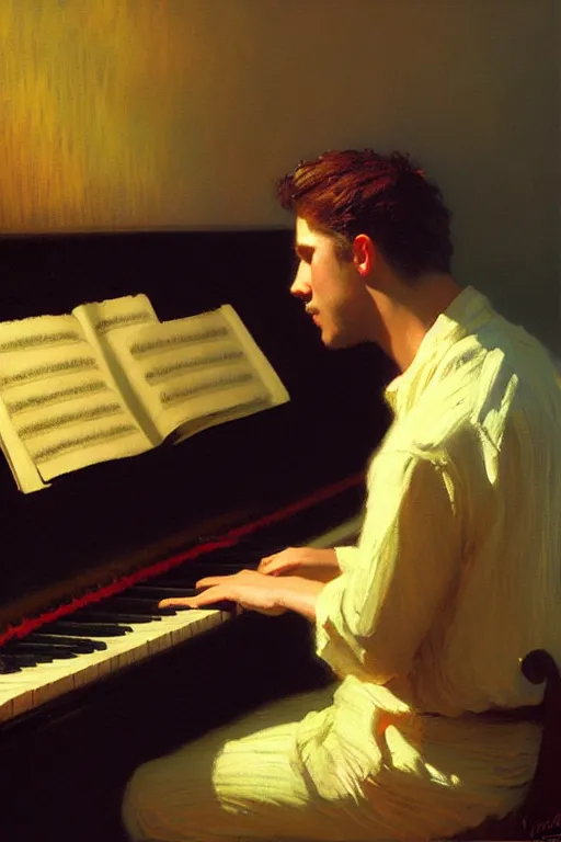 Image similar to attractive male, playing piano, low - key lighting, vaporwave, painting by gaston bussiere, craig mullins, j. c. leyendecker