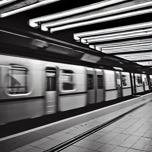 Image similar to a photo of a subway station without pillars nor benches, on either side, there are two trains speeding parallel to each other, 70mm lens, slow shutter speed, f/4, 41mm focal length, ISO 200, 4k, dramatic contrasting light, cinematic lighting, vanishing point, centered composition