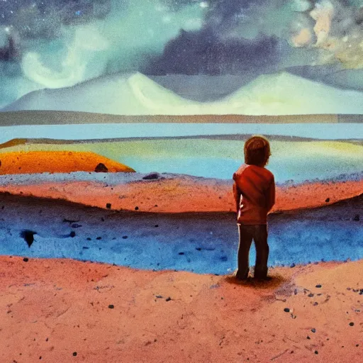 Prompt: a lonely kid in an unknown world, looking at the stars, with a lot of dead bodies behind him, rocks floating, painted like alex kanevsky, and the athmosphere of dennis villeneuve