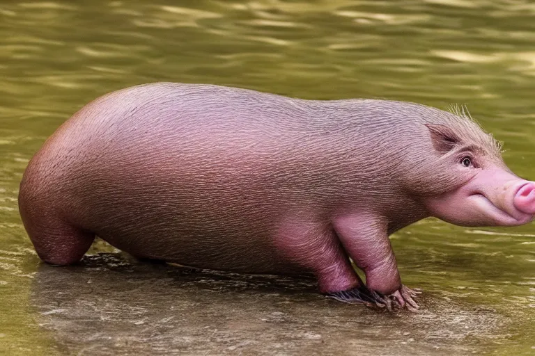 Prompt: a pig platypus!!! hybrid! hyper realistic!! realistic lighting!! wildlife photographer of the year!!! bold natural colors, national geographic, hd, wide angle, 8 k