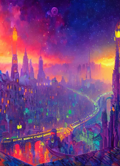 Prompt: ethereal starlit city of magic lost in time at sunset, art station, fauvism, matte painting, felix kelly, johan grenier, hd, digital painting