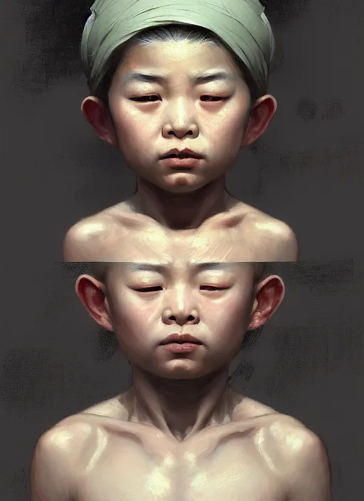 Image similar to a portrait of an oriental sage child with an enormously large head, an ancient pale sage child with subtle paint on face, highly detailed, digital painting, artstation, concept art, intricate, elegant, smooth, sharp focus, art by wlop, mars ravelo and greg rutkowski and craig mullins