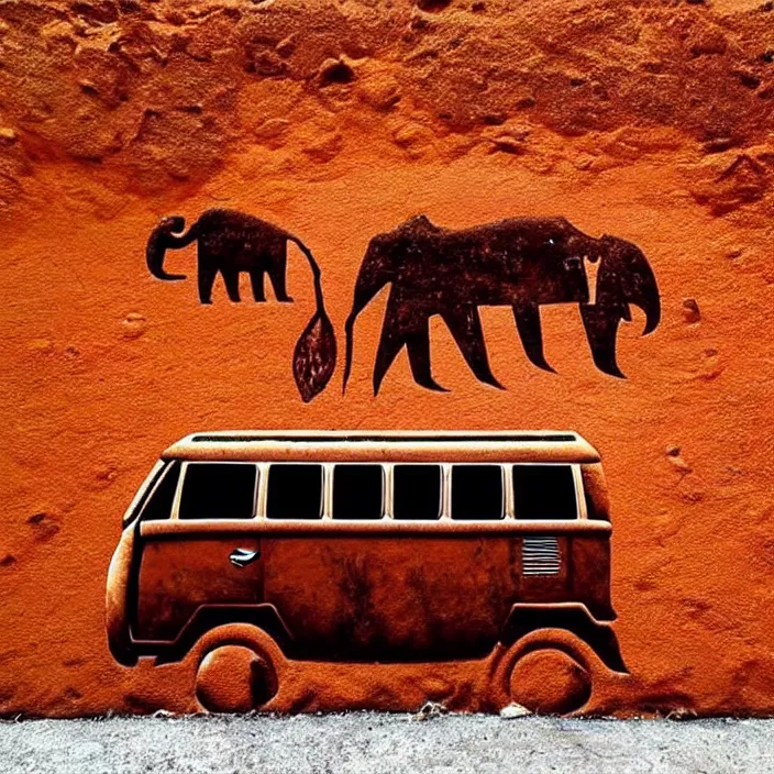 Image similar to image of ancient vw bus on the wall, mammoths and hunters, ancient prehistoric rock art in a cave style, red ocher paint