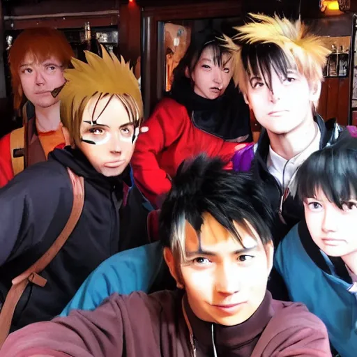 Image similar to a group of guys, named lampova hanging out in pub in the style of the anime naruto