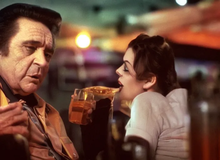 Prompt: a close - up, color cinema film still of a johnny cash talking to a beautiful hooters waitress drinking whiskey at hooters, ambient lighting at night.