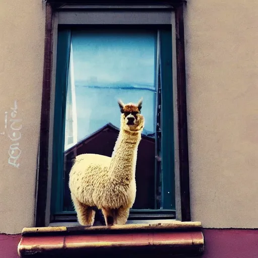 Prompt: <photograph accurate=true quality=very-high style=painting>looking out the window at a busy city street</photograph><photobomb>alpaca</photobomb>
