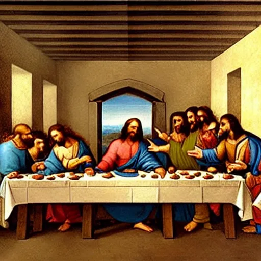 Image similar to neanderthals enacting the last supper by leonardo da vinci, jesus in the middle