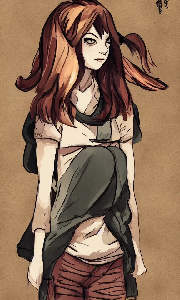 Image similar to Emma Stone in konoha village. In the art style of alexandre chaudret