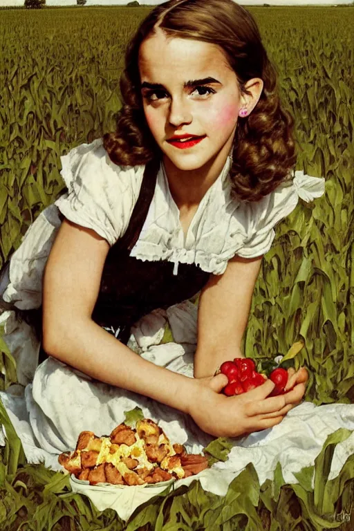 Image similar to photo photorealistic portrait photograph Emma Watson picnic in a corn field 1950s portrait by Norman Rockwell