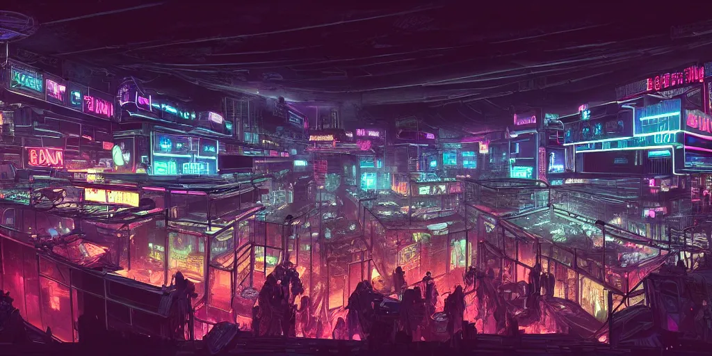 Prompt: an intricate concept art of a party bar on top of a building inside a megastructure city overviewing destroyed city, cyberpunk neon light district, sci-fi, cinematic lighting, hyper realistic, art by dylan cole, detailed matte painting, digital art, sci-fi film color palette