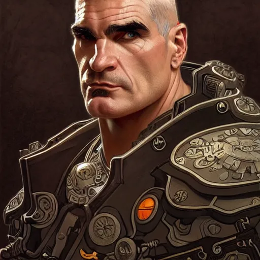 Prompt: full portrait of henry rollins as n overwatch character, fantasy, d & d, intricate, detailed, by by alphonse mucha, adolfo hohenstein, alice russell glenny, stanley artgerm lau, greg rutkowski, detailed, trending on artstation, trending on artstation, smooth