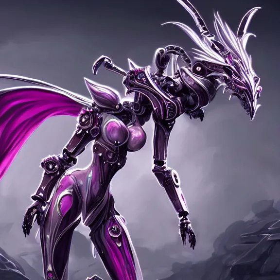 Image similar to highly detailed exquisite fanart, of a beautiful female warframe, but as an anthropomorphic robot dragon with, shiny silver armor with fuchsia accents, engraved, elegant pose, close-up shot, full body shot, epic cinematic shot, sharp claws for hands, long elegant tail, professional digital art, high end digital art, singular, realistic, DeviantArt, artstation, Furaffinity, 8k HD render