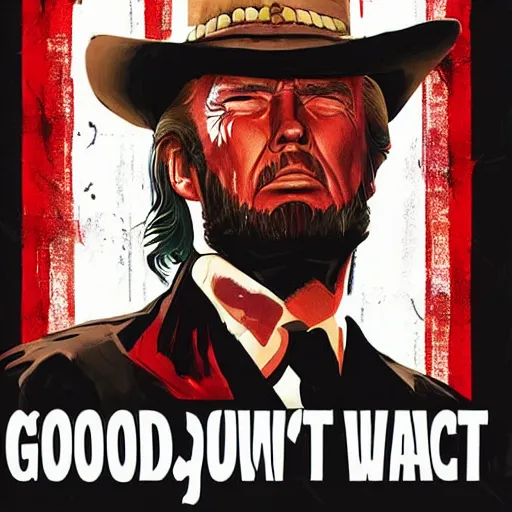 Image similar to donald trump as clint eastwood squinting at high noon in the style of a clint eastwood movie, the good, the bad and the ugly, clint eastwood, steven seagal, bud spencer, donald trump, glory days, american flag, patriotism, apple pie, black and white, artgerm, trending on artstation