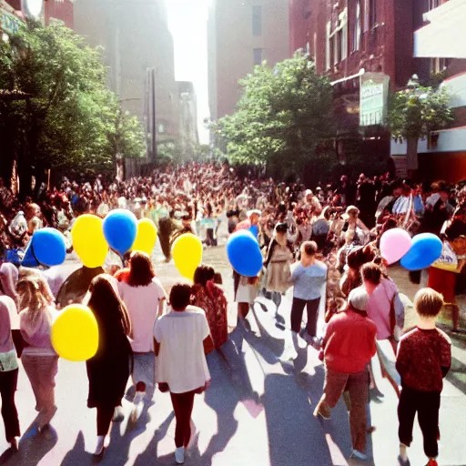 Prompt: A large group of people parading through the street holding lots of balloons, calm afternoon, natural lighting, 1990s