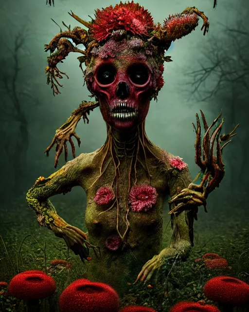 Image similar to a disturbing horror photograph of an amazing fantasy creature made out of nature and flowers and fungus, intricate, hyperrealism, sharp focus, cinematography, highly detailed, octane render, digital horror artwork, matte, photography by professional photographer