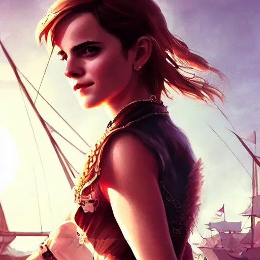 Prompt: sensual emma watson wearing as a captain, looking seductive, pirate ship in background, hyperrealistic, artgerm, greg rutkowski, artstation, highly detailed