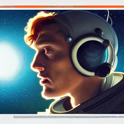 Prompt: a close-up of Jamie Campbell Bower as an astronaut, dramatic backlighting, stars, golden hour, kodachrome, color contrast, high contrast, highly detailed, sharp focus, digital painting, concept art, illustration, trending on artstation, art by greg rutkowski + greg hildebrandt + alphonse mucha