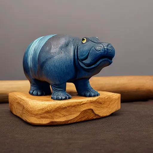 Image similar to a small smooth hippo statue carved from natural wood, dipped in polished blue epoxy resin, seamless organic edges, mixed materials, side view
