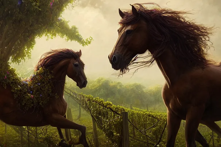 Image similar to a stunning horse with a mane of vines and flowers by greg rutkowski, high key lighting, volumetric light, digital art, highly detailed, fine detail, intricate, ornate, complex, octane render, unreal engine, photorealistic