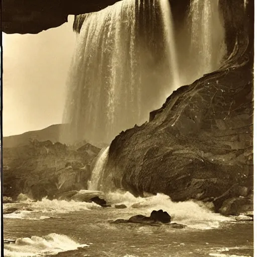 Prompt: a giant water fall in between two mountains with gigantic alien faces sculpted in each Montaigne, photoshoot, 1940's photography, old grain