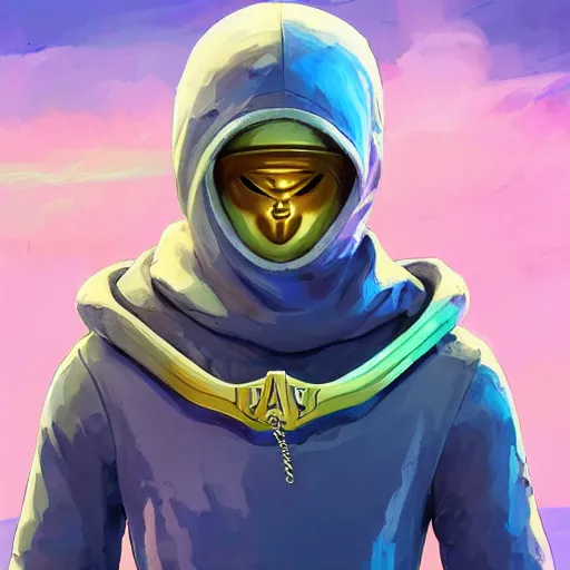 Image similar to baby Angel, baby cherub,wearing angel halo, ski mask, balaclava, face covered, wearing angel halo covered face, orange hoodie, hip hop, multiple golden necklaces, fantasy art apex fortnite Video game icon, 2d game art gta5 cover , official fanart behance hd artstation by Jesper Ejsing, by RHADS, Makoto Shinkai and Lois van baarle, ilya kuvshinov, rossdraws