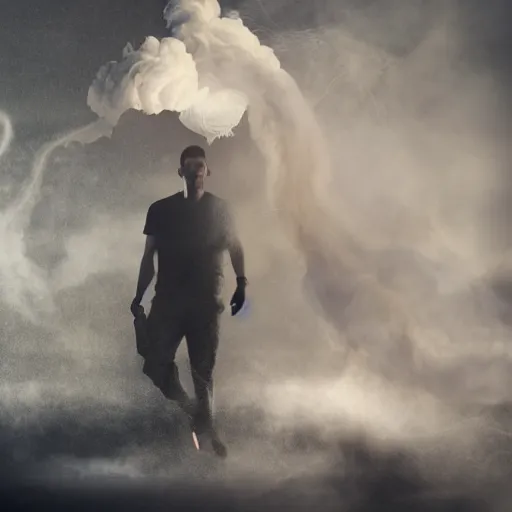 Image similar to manshaped swirling smoke, octane render, dramatic lighting, cinematic