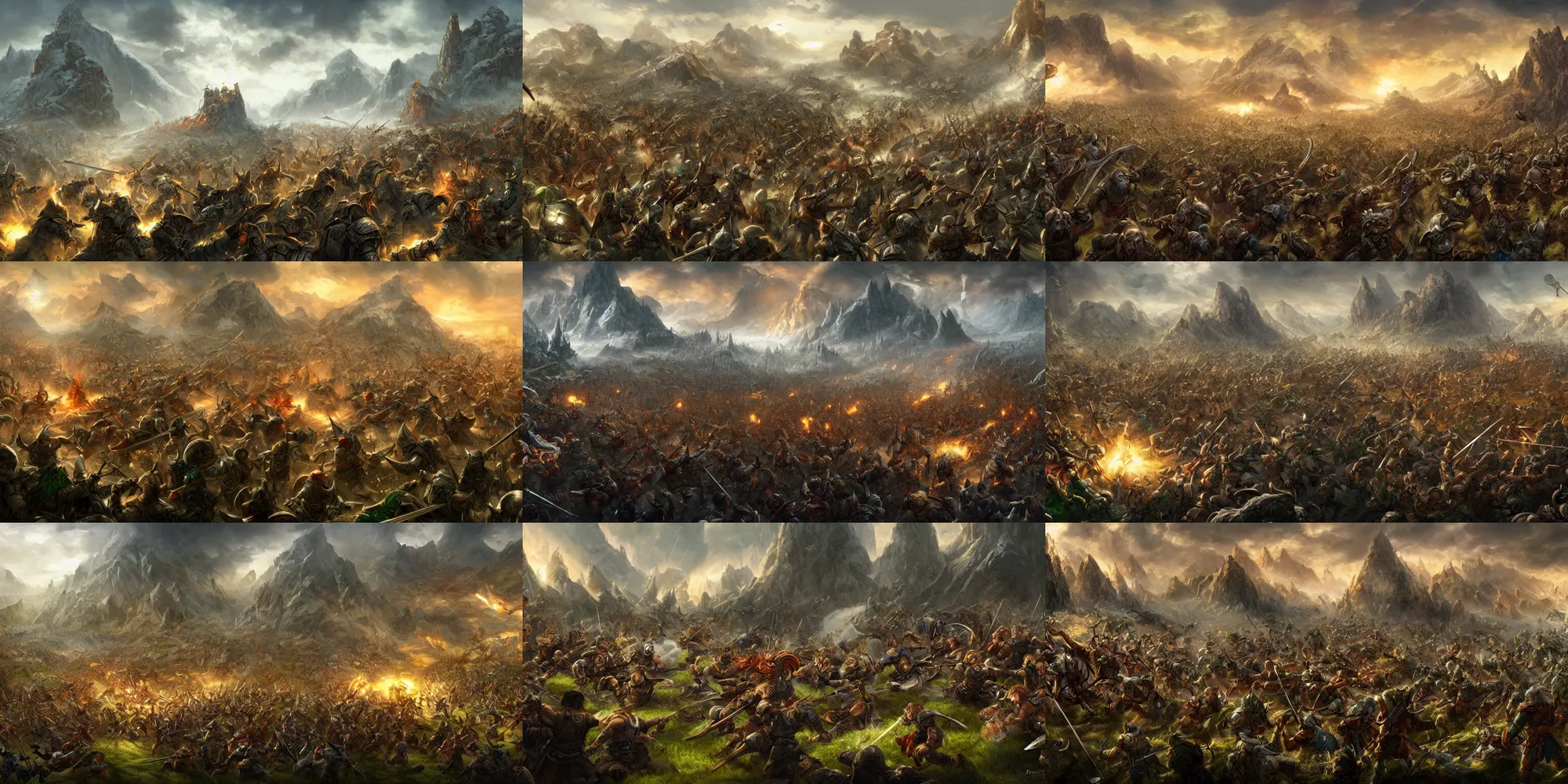 Prompt: last battle between dwarves and elves, grand battle, epic composition, digital art, concept art, 4 k, highly detailed