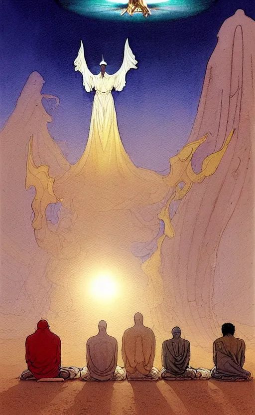 Image similar to a hyperrealist watercolour character concept art portrait of a group of middle eastern men kneeling down in prayer in front of a giant angel on a misty night in the desert. a ufo is in the background. by rebecca guay, michael kaluta, charles vess and jean moebius giraud