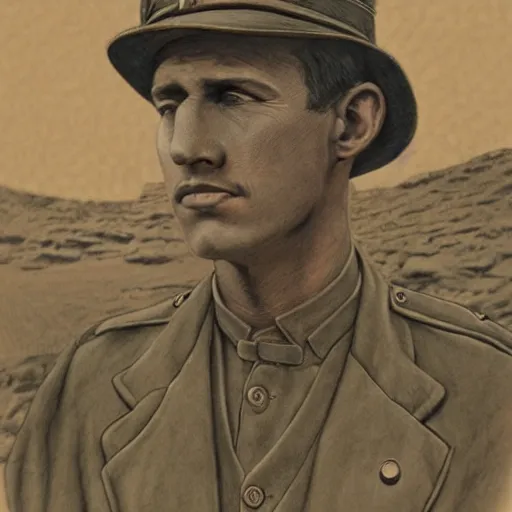 Image similar to a detailed photorealistic sepia - toned color line drawing of a 1 9 1 7 worried clean - shaven british lieutenant in detailed field gear not wearing a hat in wadi rum, ultra realistic, painted, intricate details, lovecraft, atmospheric, dark, horror, brooding, highly detailed, by clyde caldwell