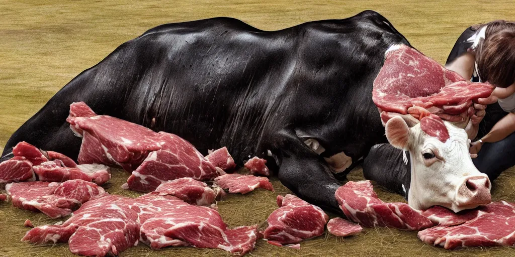 Prompt: a cow giving its own meat to a person, hyper detailed, photorealistic