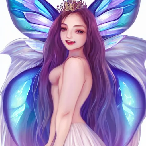 Image similar to very very very beautiful fairy princess with fairy wings, bare midriff, one foot raised off the ground, full body portrait, eye contact, smiling, flirty, perfect face, perfect body, drawn by artgerm