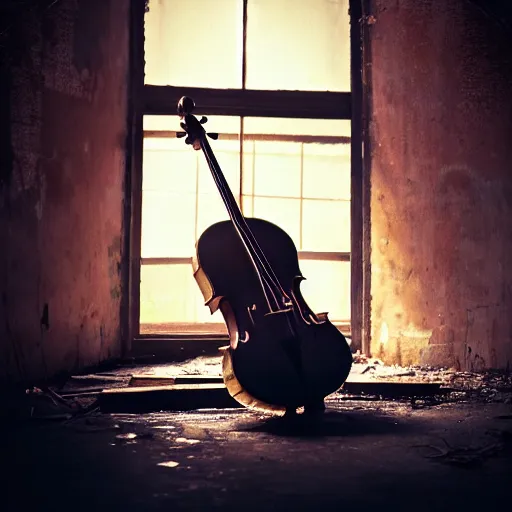 Image similar to abandoned places with a cello, cinematic light,