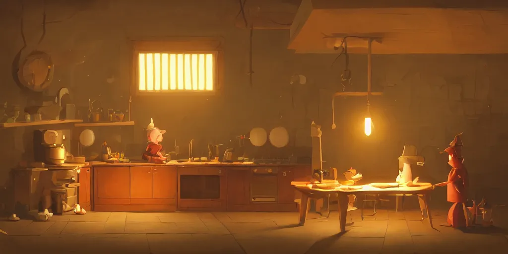 Prompt: epic illustration of a wooden kitchen dim lit by 1 candle doubly so by Goro Fujita and Simon Stalenhag , 8k, trending on artstation, hyper detailed, cinematic