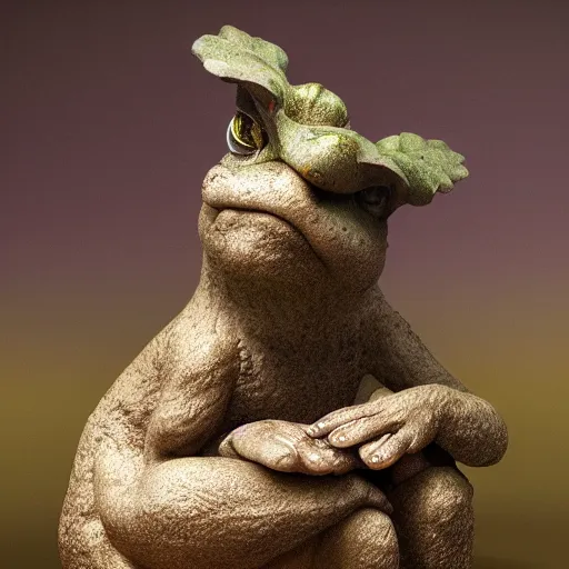 Prompt: toad philosopher toad in a pose The Thinker, swamp, Auguste Rodin, fairy tale illustrations, top cinematic lighting , very detailed, shot in canon, 8k, high resolution