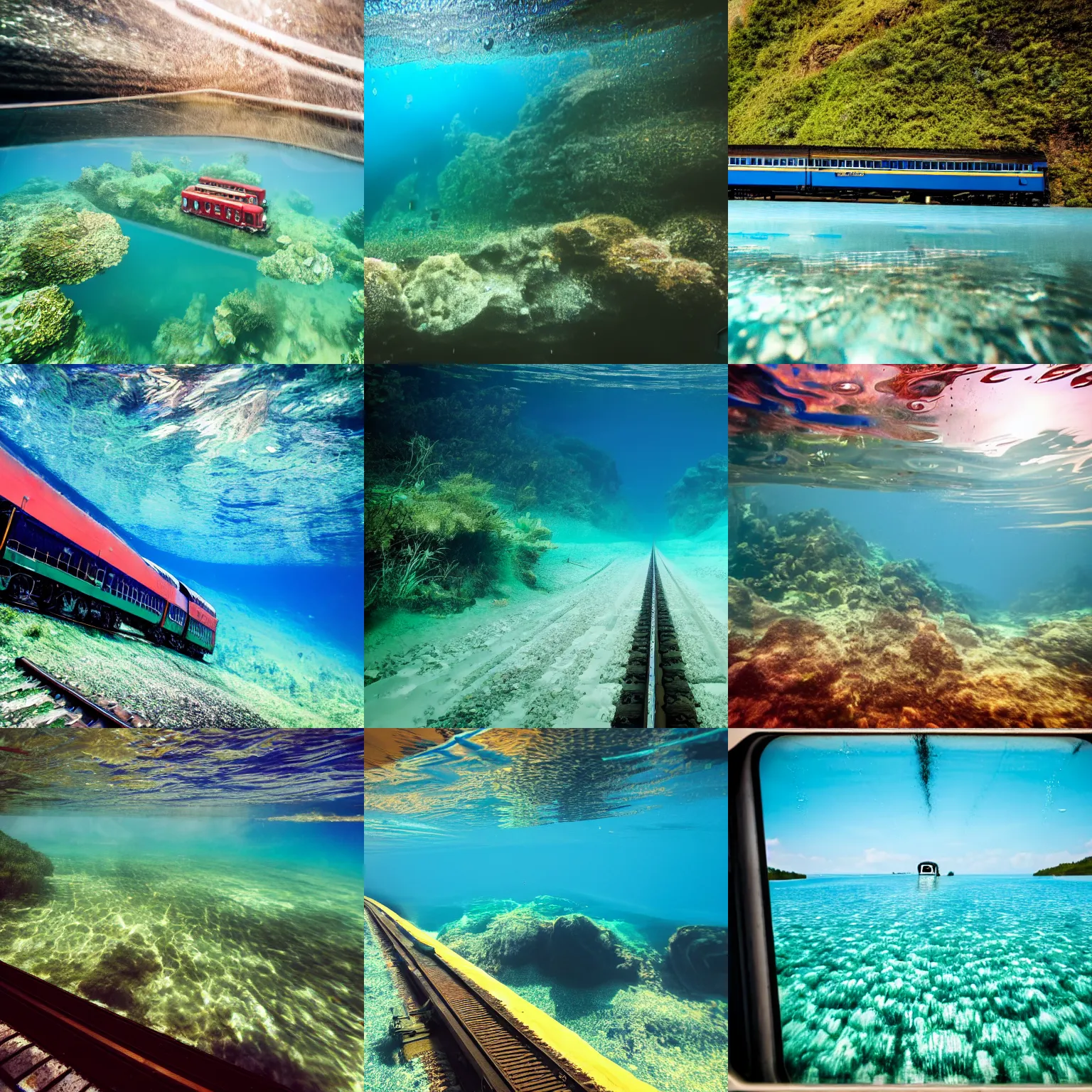 Prompt: A photo from the cab of a moving train half submerged in crystal-clear water, high quality, studio