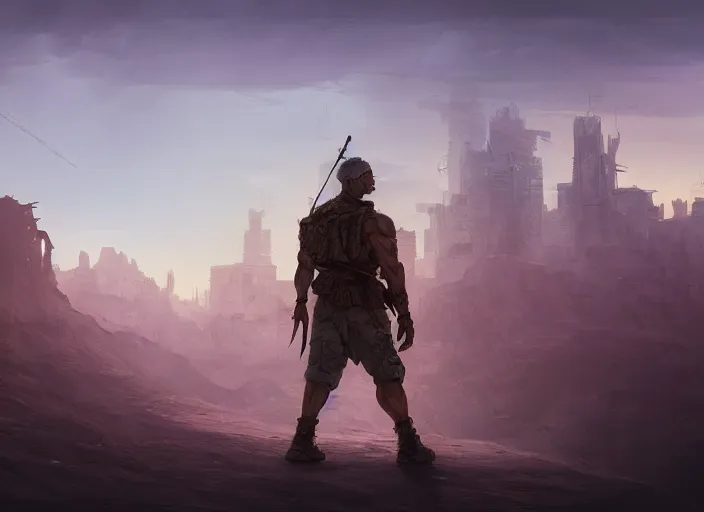 Image similar to detailed concept art background matte painting, strong muscular older soldier roaming through desert with city in the skyline, two suns, purple orange colors, sharp focus, illustration, highly detailed, digital painting, concept art, matte, art by wlop and artgerm and greg rutkowski, masterpiece