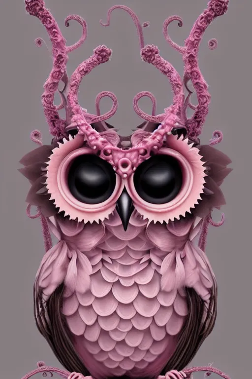 Prompt: dusty rose owl with tentacles tipped in black, flowerpunk, by natalie shau