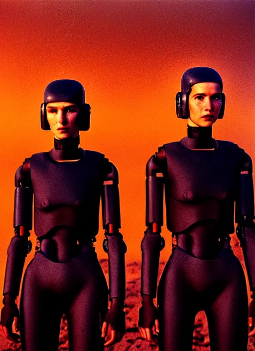 Image similar to cinestill 5 0 d photographic portrait by steve mccurry of two loving female androids wearing rugged black mesh techwear on a desolate plain with a red sky, extreme closeup, cyberpunk style, dust storm, 8 k, hd, high resolution, 3 5 mm, f / 3 2, ultra realistic faces, ex machina, blade runner